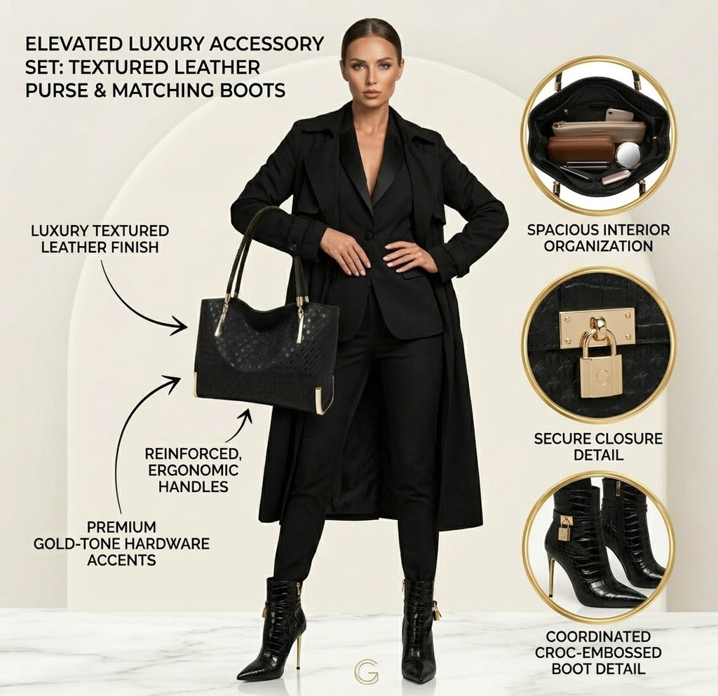 Black Boot and Bag Set | Croc Embossed Ankle Booties or Quilted Over The Knee Boots with Matching Shoulder Bag Set
