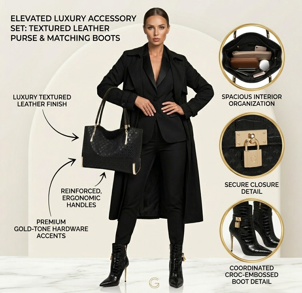 Black Boot and Bag Set | Croc Embossed Ankle Booties or Quilted Over The Knee Boots with Matching Shoulder Bag Set
