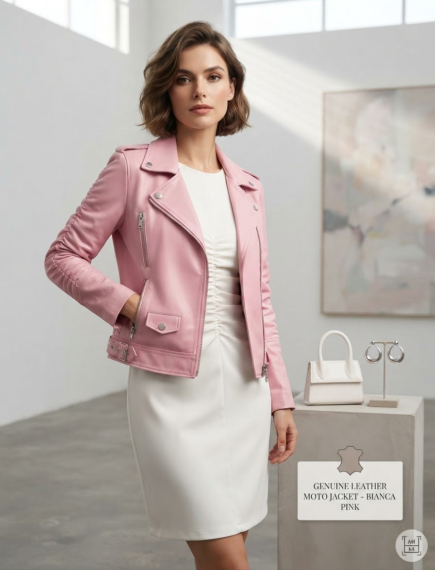 Pink Leather Moto Jacket for Women, Genuine Leather Biker Jacket, Pastel Pink Motorcycle Jacket