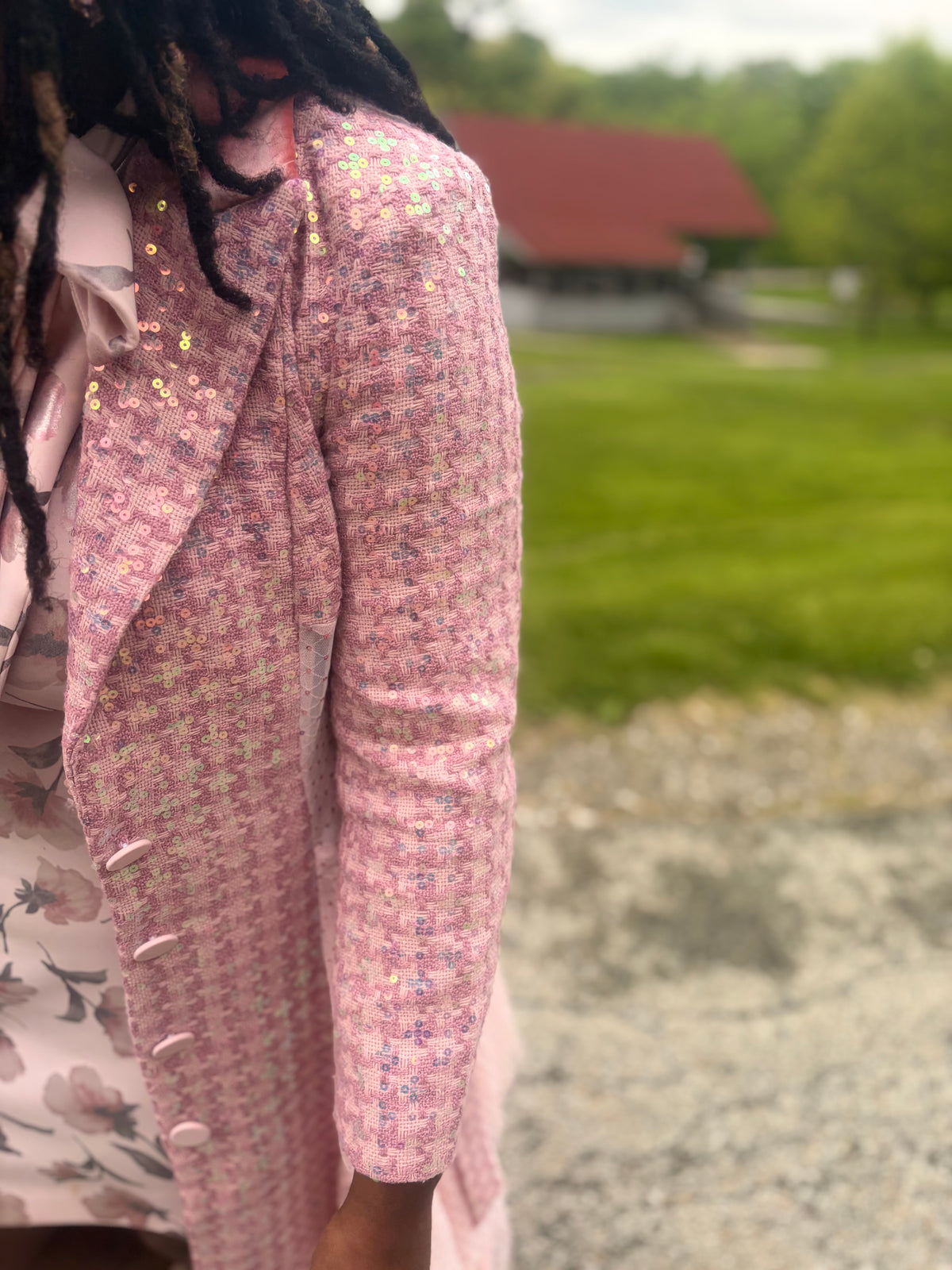 Pink Sequin Tweed trench Coat with Tiered Tulle Hem | Elegant Belted Dress Coat