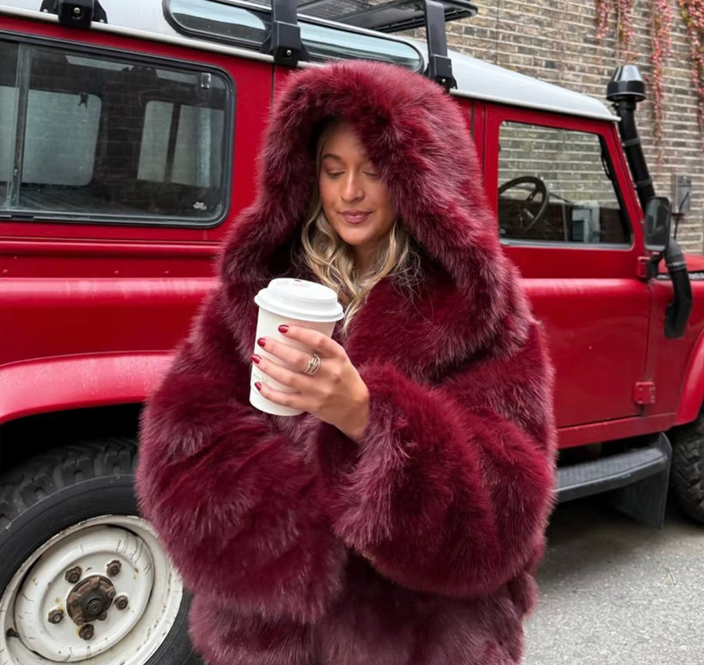 Luxury Faux Fur Hooded Crop Coat – Plush Winter Outerwear, Oversized Hood Designer Jacket for Women