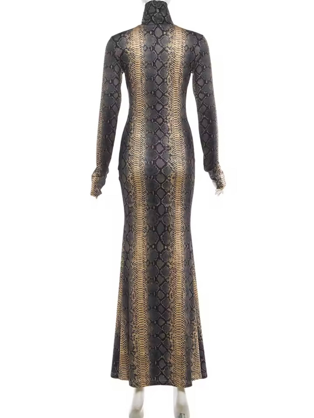 Serpentine Ensemble: Snake Print Maxi Dress, Charcoal Handbag & Stilettos | Complete Outfit, Animal Print Fashion