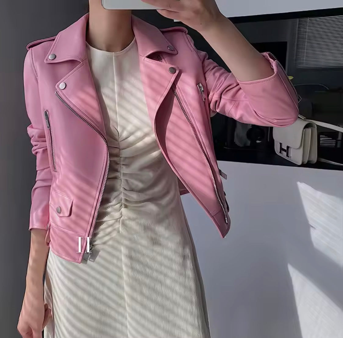 Pink Leather Moto Jacket for Women, Genuine Leather Biker Jacket, Pastel Pink Motorcycle Jacket