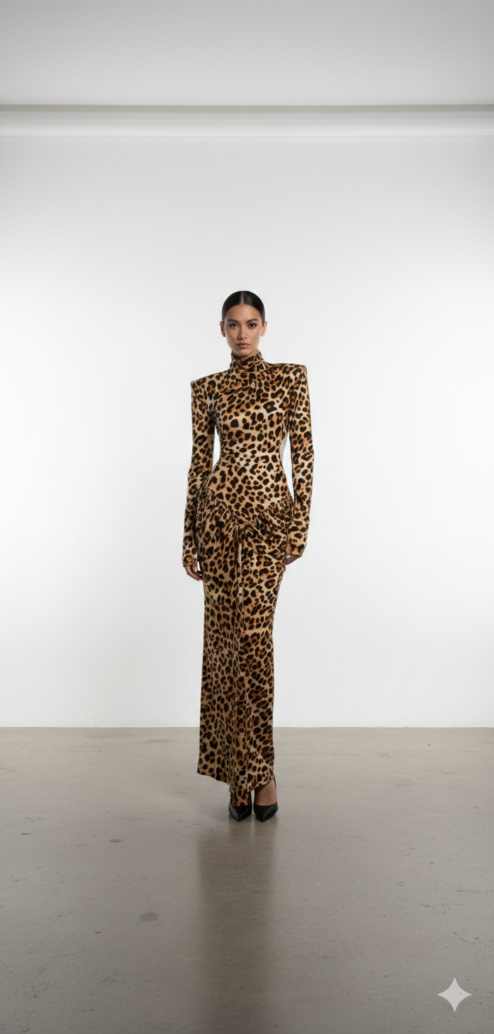 Vintage Leopard Print Maxi Dress Outfit, Red Crocodile Purse & Heels