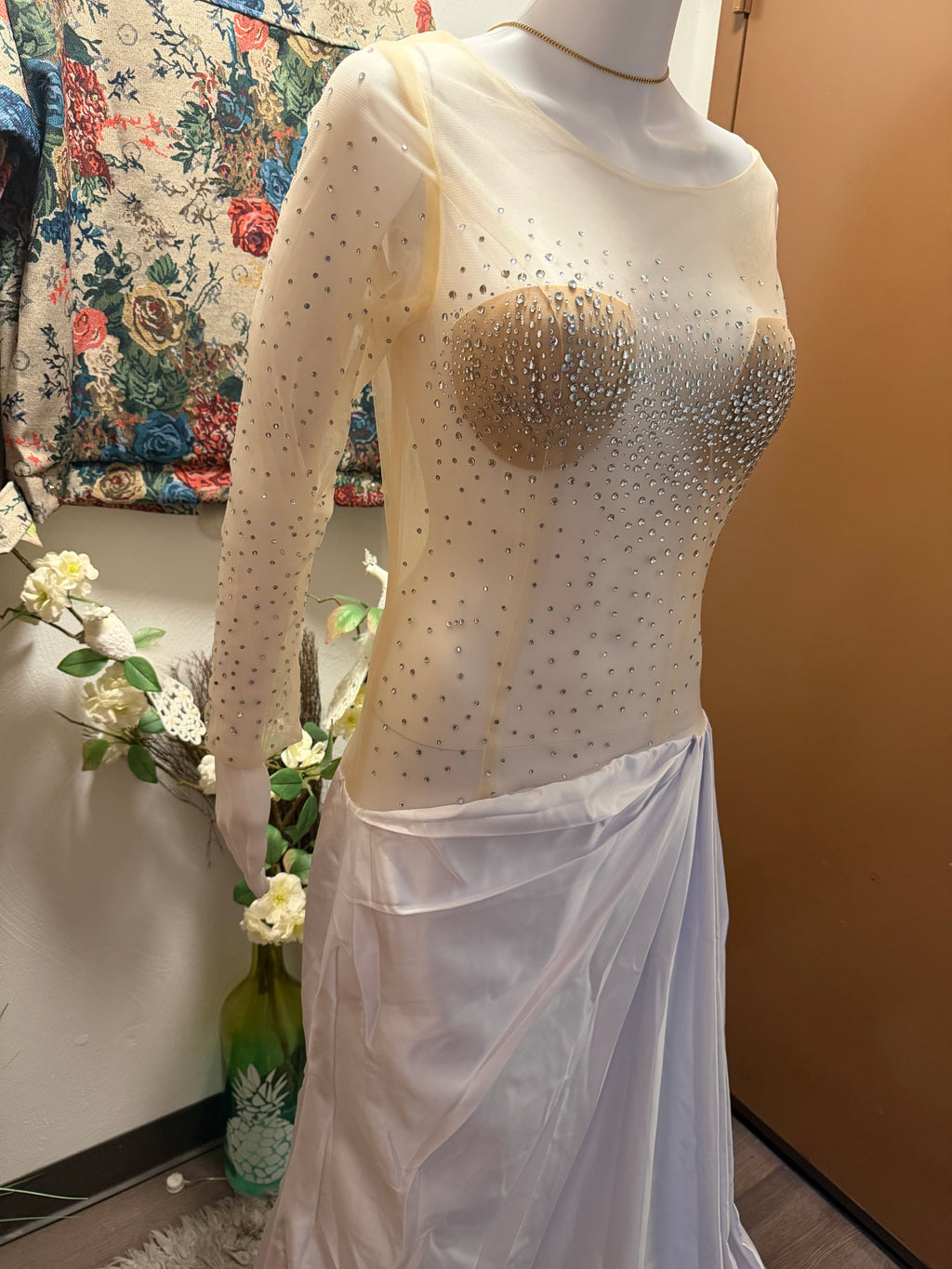 Custom Illusion Beaded Wedding Dress, Sheer Luxury Bridal Gown, Mermaid Silhouette with jewelry set