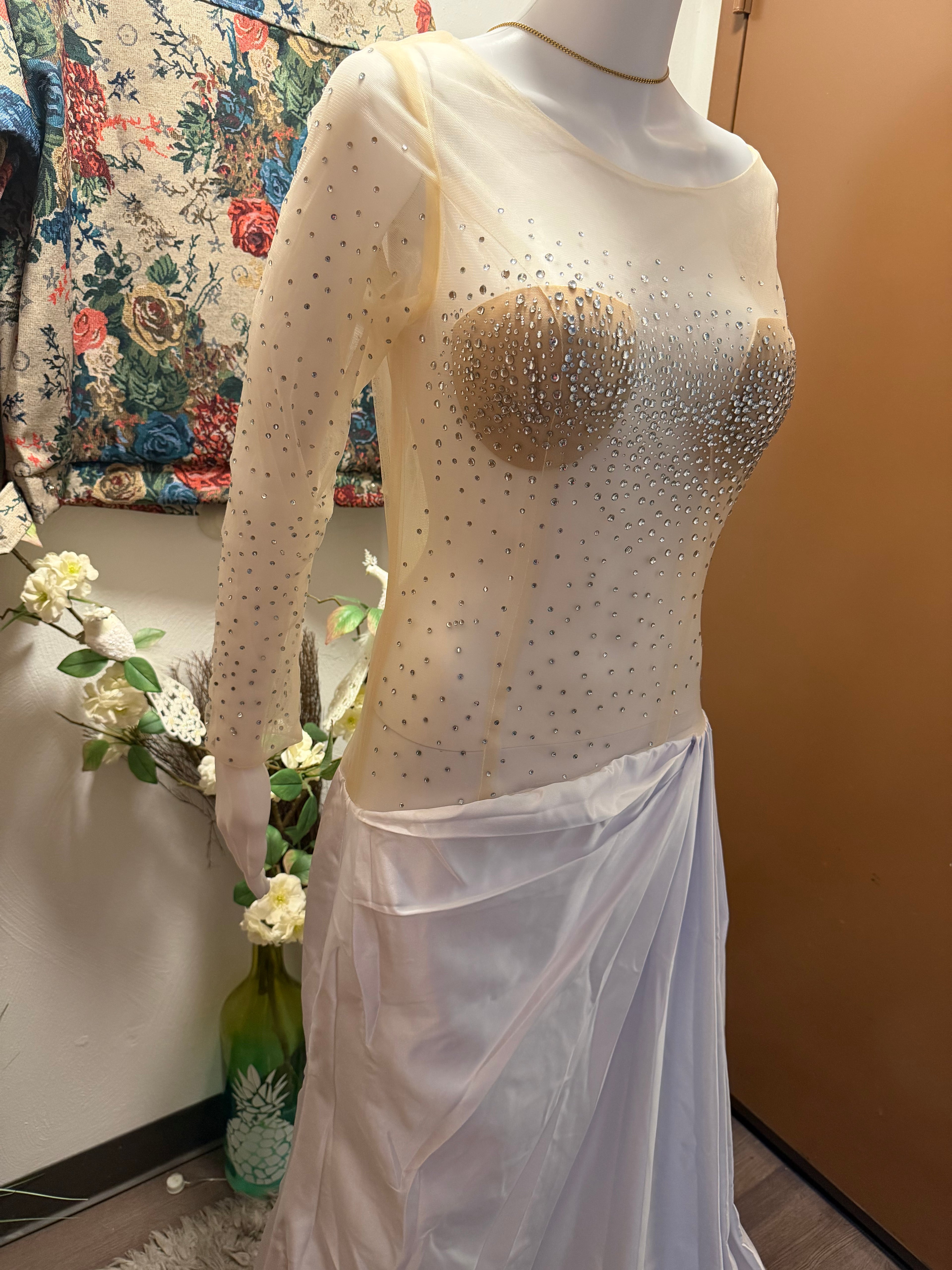 Custom Illusion Beaded Wedding Dress, Sheer Luxury Bridal Gown, Mermaid Silhouette with jewelry set