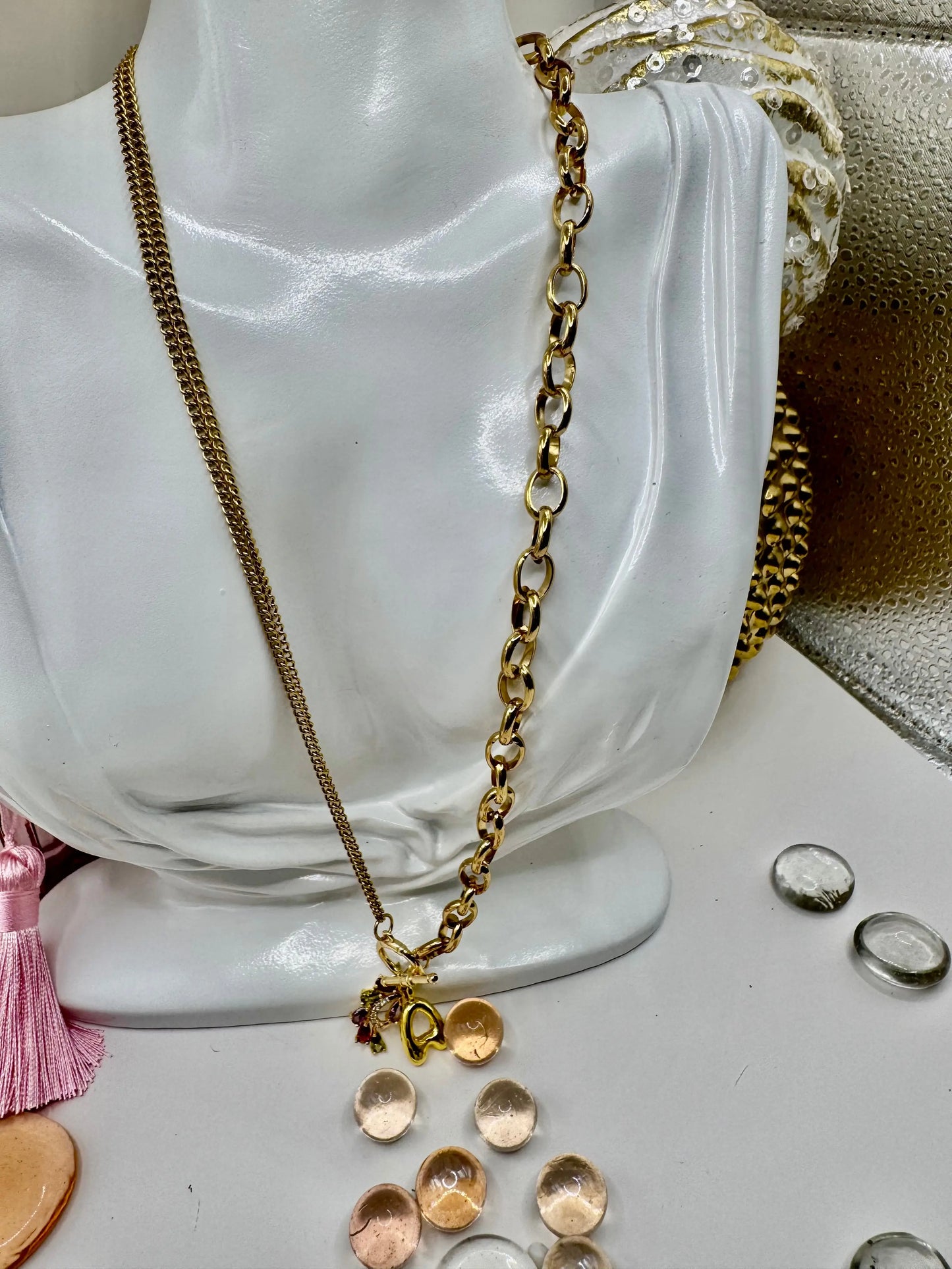18K Gold PVD Initial Necklace with Multi-Color Gemstone Charms | Toggle Clasp Non-Tarnish Chain - JNi3 shop
