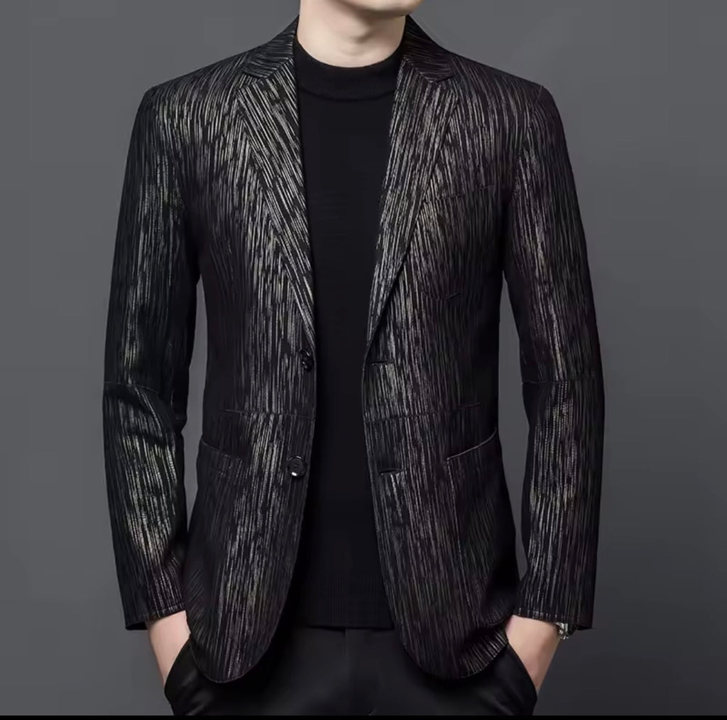 Men's Genuine Sheepskin Leather Blazer Jacket, Luxury Textured Pattern Slim Fit Sport Coat, Black Leather Tuxedo Blazer for Men, Gift for Him