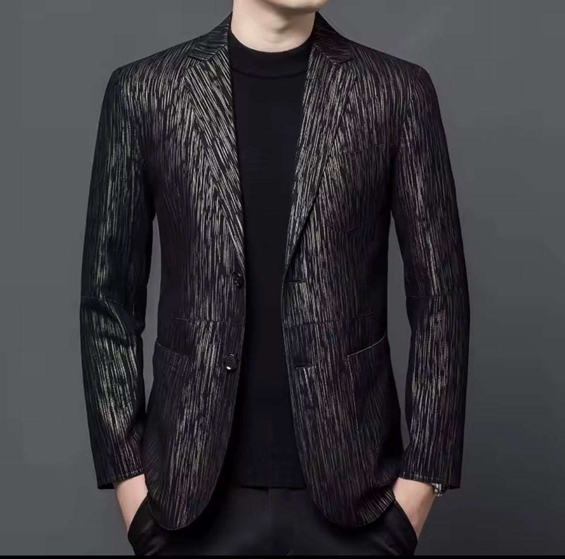 Men's Genuine Sheepskin Leather Blazer Jacket, Luxury Textured Pattern Slim Fit Sport Coat, Black Leather Tuxedo Blazer for Men, Gift for Him
