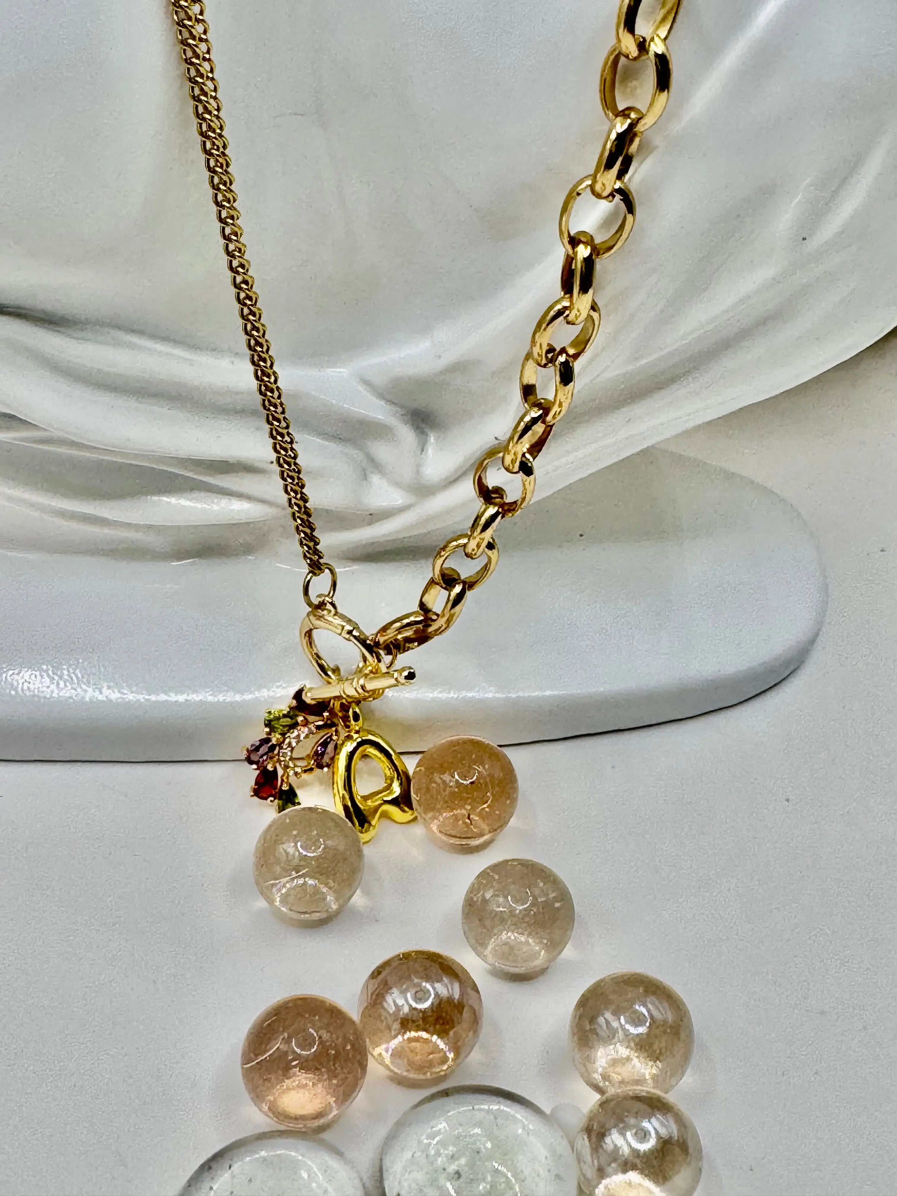 18K Gold PVD Initial Necklace with Multi-Color Gemstone Charms | Toggle Clasp Non-Tarnish Chain - JNi3 shop