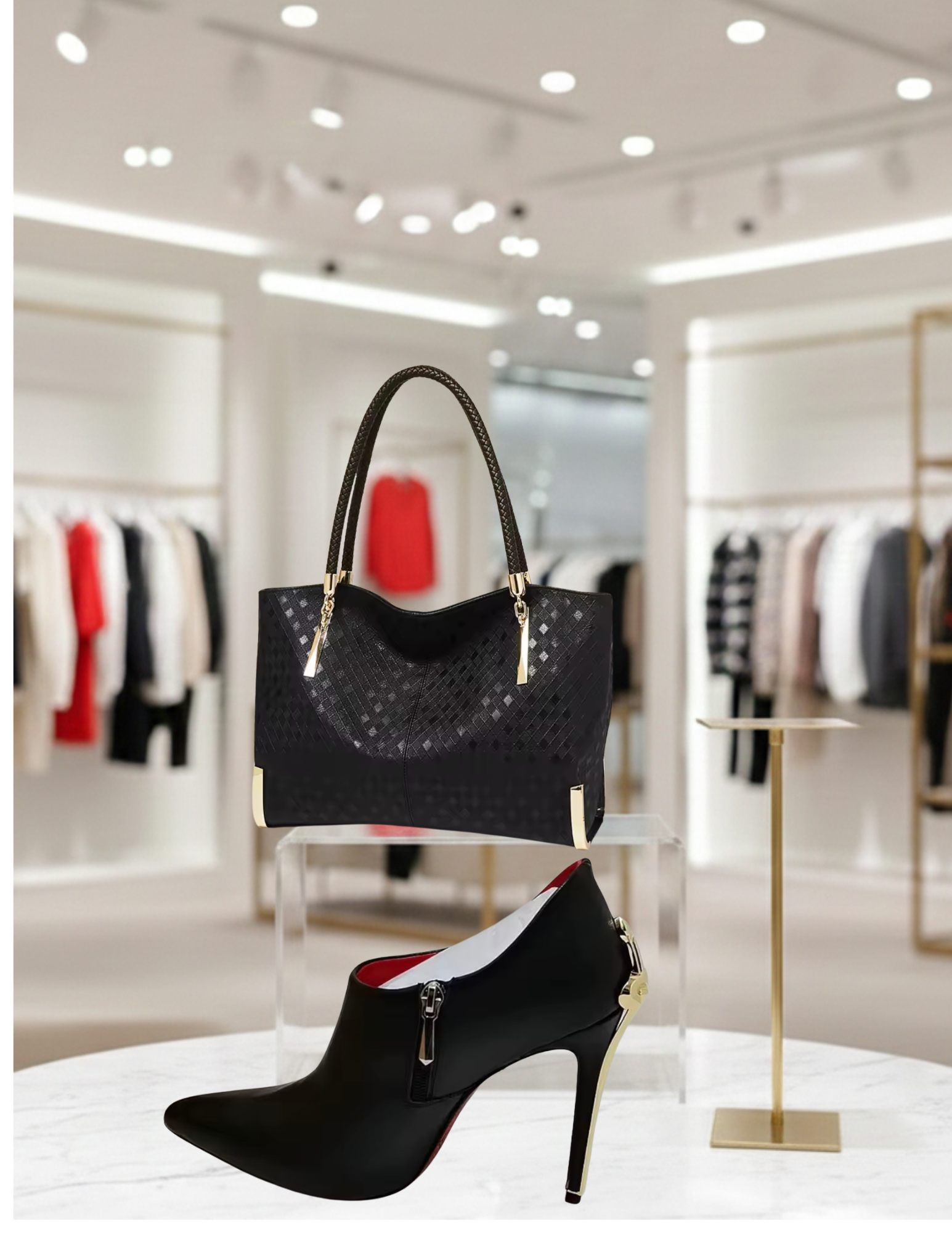 Black Leather Purse and Shoe Set | Gold Accent Boots or Heels, Genuine Leather, Cowhide