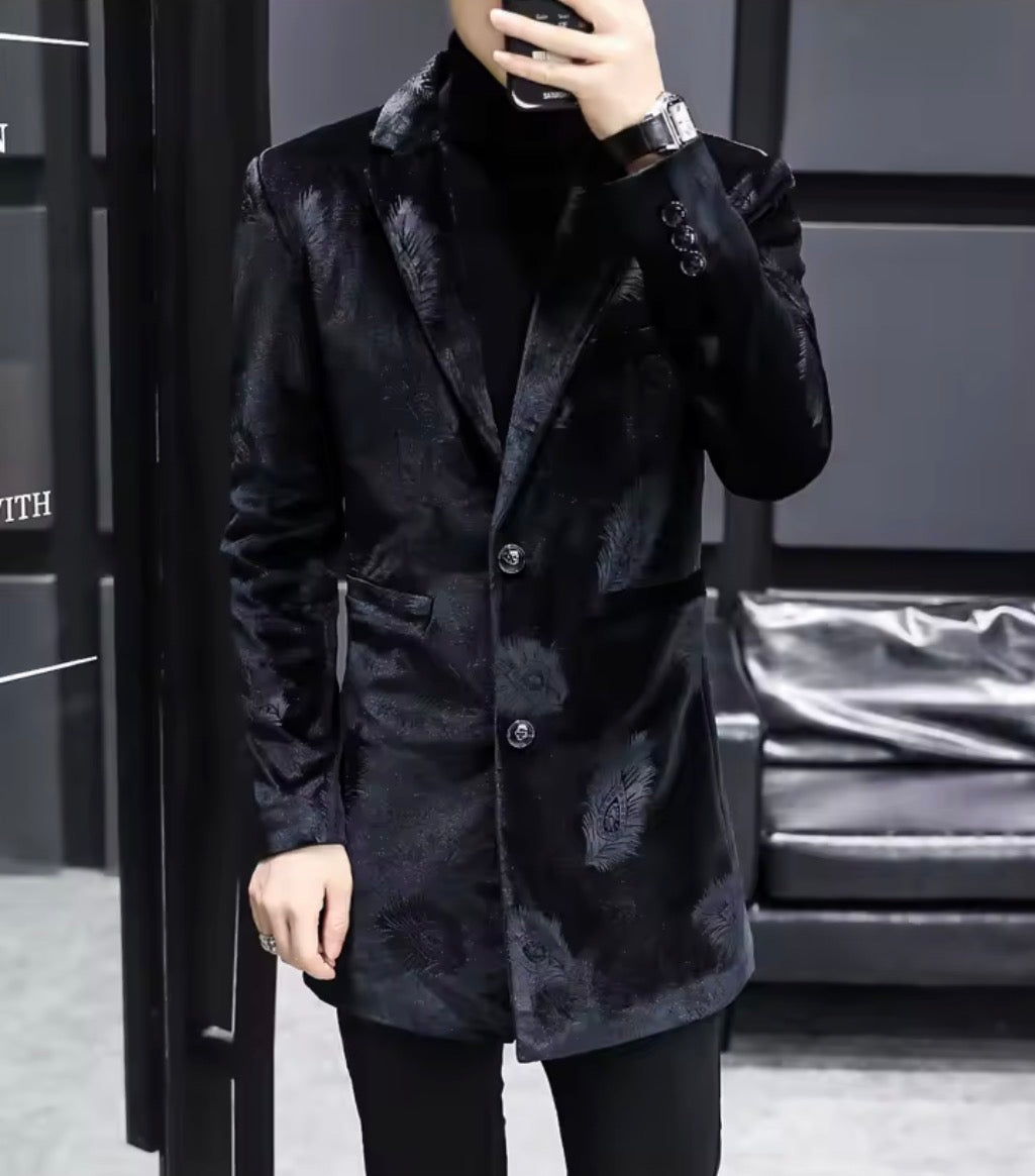 Men's Luxury Velvet Feather Embossed Longline Blazer | Slim Fit Mid-Length Tuxedo Jacket Coat in Black & Royal Blue