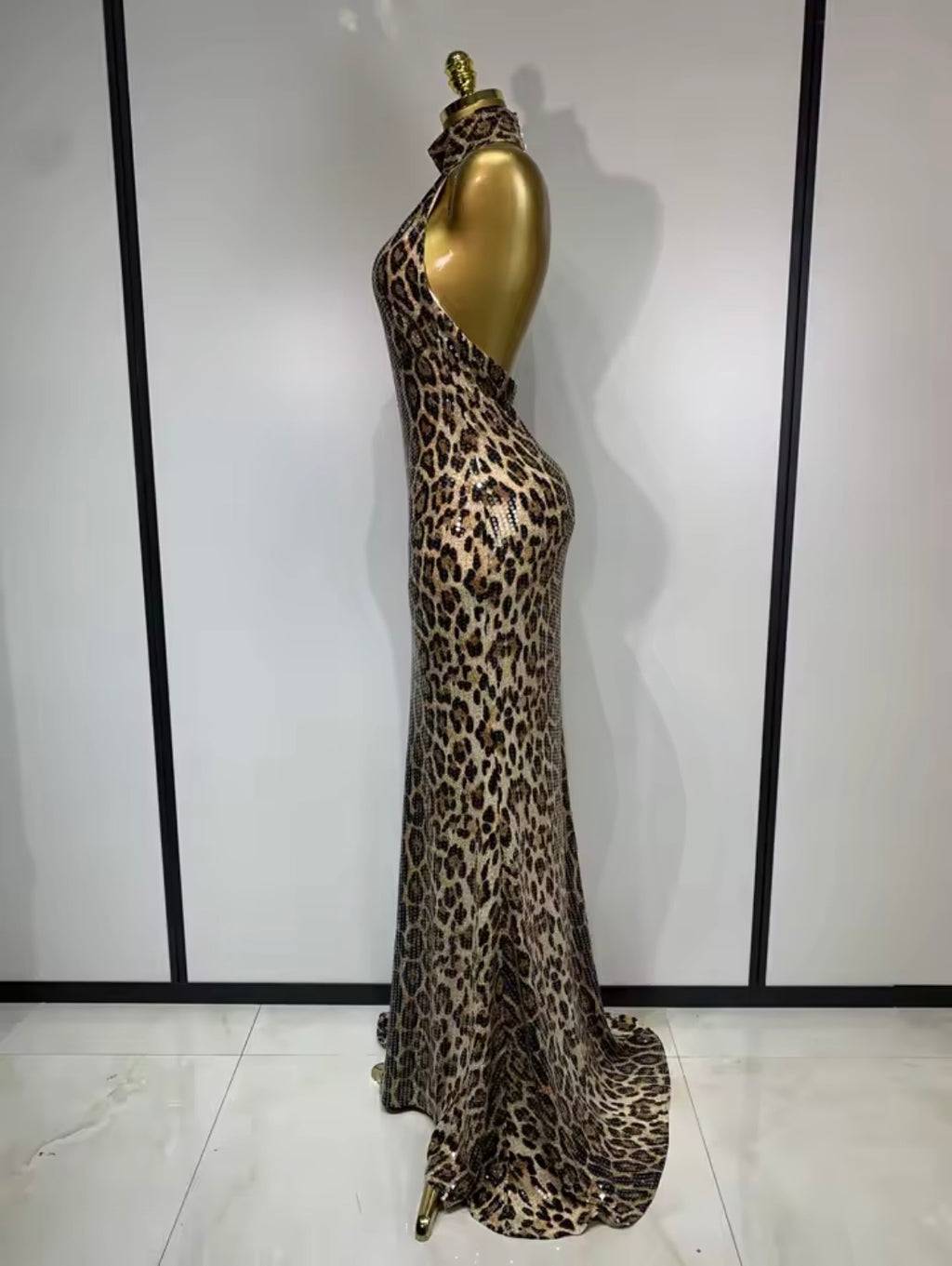Sequin Leopard Print Prom Dress, Halter Neck Backless Evening Gown, Glam Mermaid High Collar Formal Dress, Animal Print Party Dress