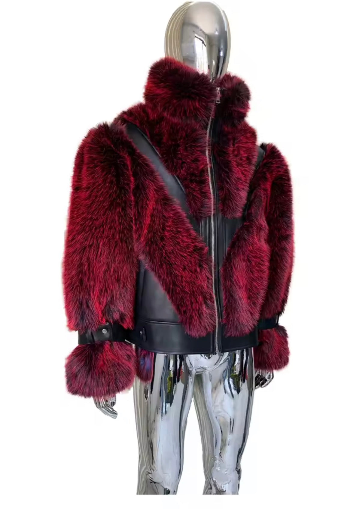 Men's Luxury Faux Fur & Leather Bomber Jacket – Winter Statement Outerwear with Stand Collar & Buckle Cuffs