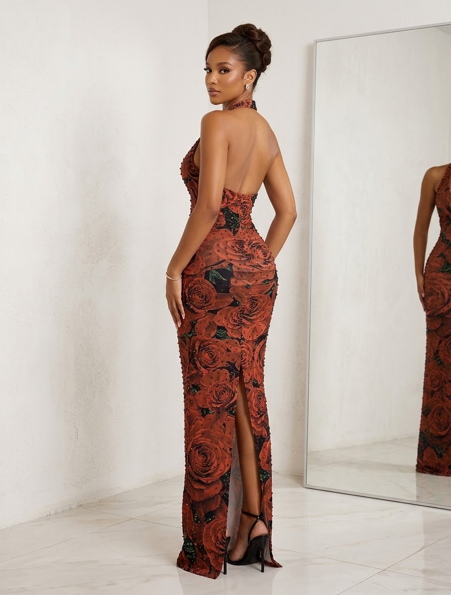 Red Rose Rhinestone Halter Maxi Dress | Floral Mesh Bodycon Evening Gown | Glam Formal Party Dress | Floor Length Backless Dress | Elegant Dress