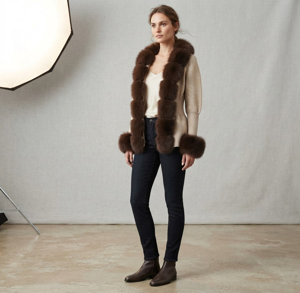 Luxury Real Fox Fur Cardigan with Sleeves & Cuffs | Handcrafted Knit Wool Blend Sweater with Genuine Fox Fur Trim