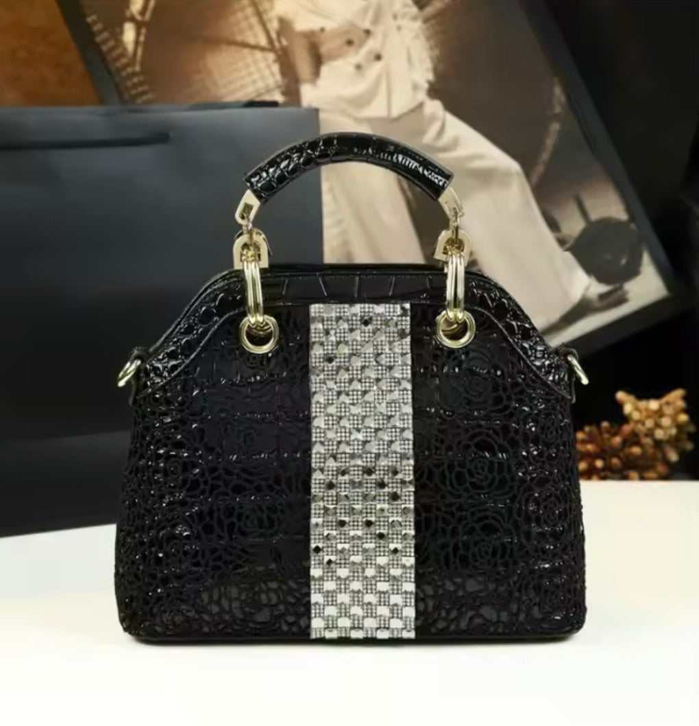 Luxury Crocodile Pattern Lacquer Leather Handbag – Rhinestone Diamond Inlaid Rose Embossed Single Shoulder & Crossbody Bag