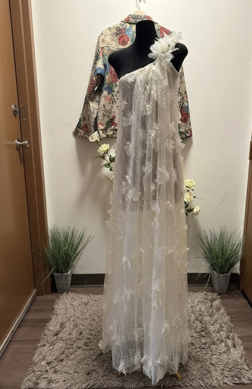 White 3D Floral One-Shoulder Maxi Dress | Ethereal floral Appliqué Summer Gown