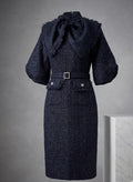 Navy Blue Tweed Midi Dress