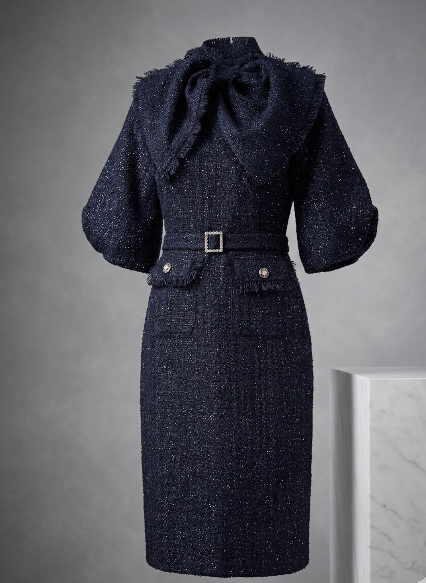 Navy Blue Tweed Midi Dress with Oversized Bow | Elegant Formal & Brunch Dress