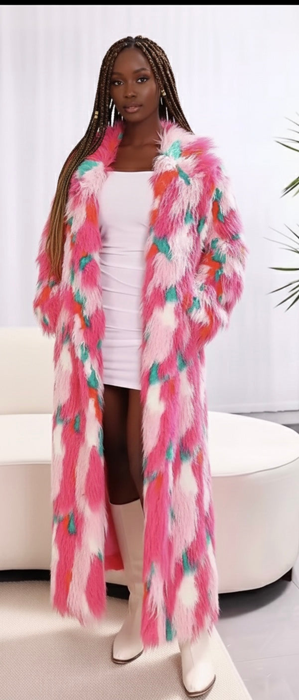 Luxury Long Faux FurOvercoat- Full Length  Print Winter coat- Oversized Plush Trench Coat - Glamorous Formal Outerwear.