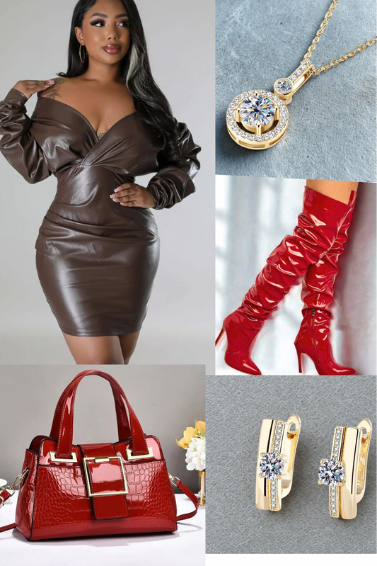 leather dress outfit{brown/red)