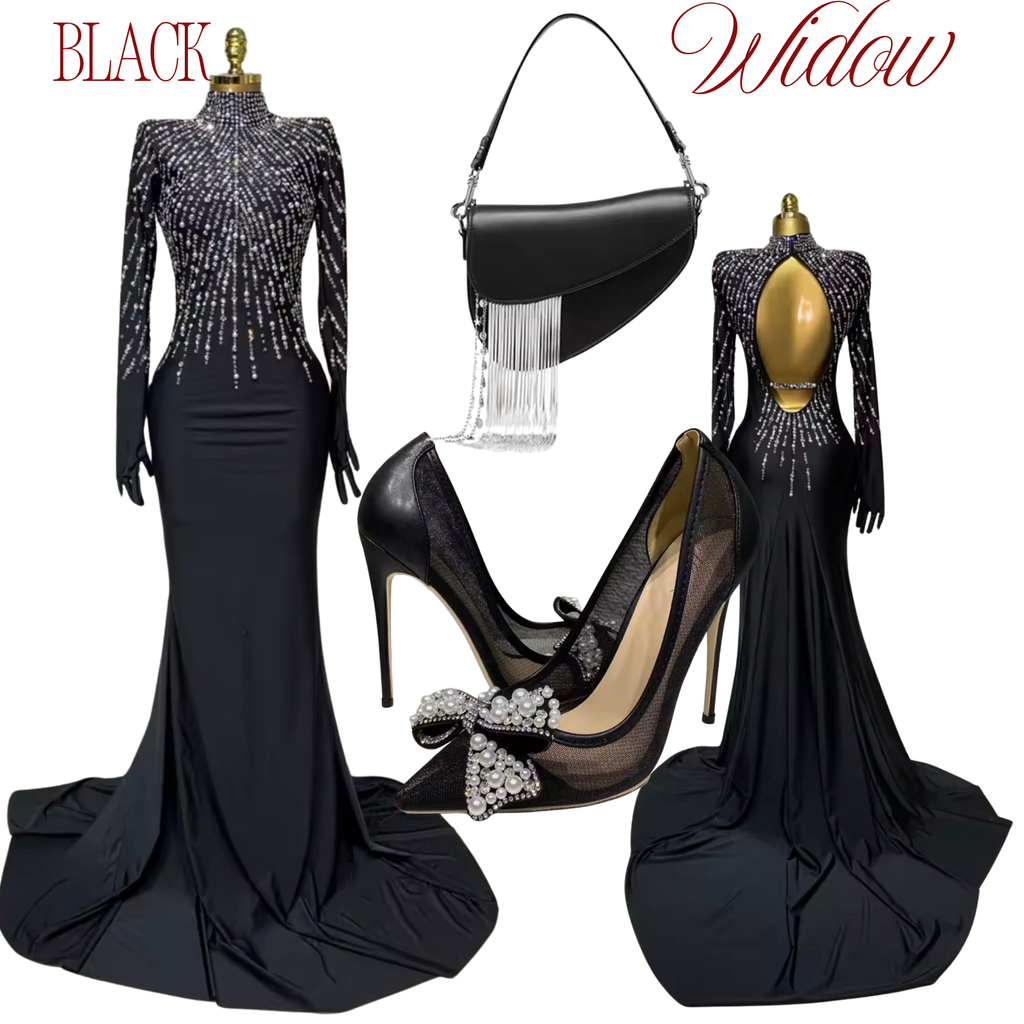 Black Widow Crystal Gown & Accessories Set – Rhinestone High-Neck Mermaid Dress, Pearl Bow Stiletto Pumps & Tassel Chain Saddle Bag | Formal Evening, Gala & Red Carpet Complete Outfit