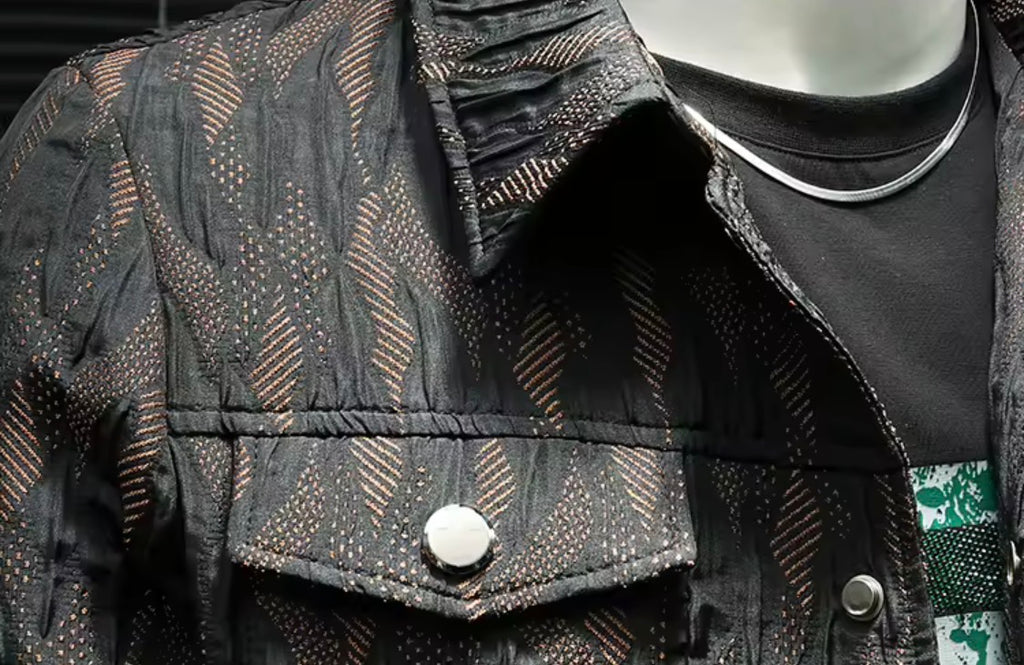 Men's Floral Jacquard Button-Up Casual Jacket with Pocket Details | Stylish Modern Statement Outerwear