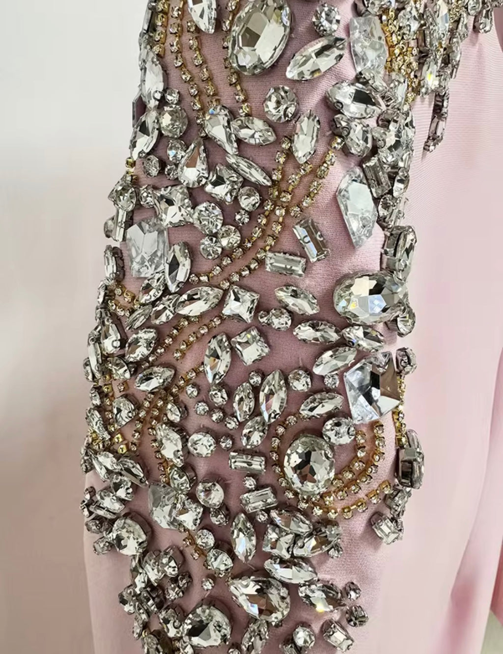 Elegance Crystal Beaded Shoulder Midi Dress, Long Sleeve Cocktail Party Dress, Luxury Formal Evening Gown