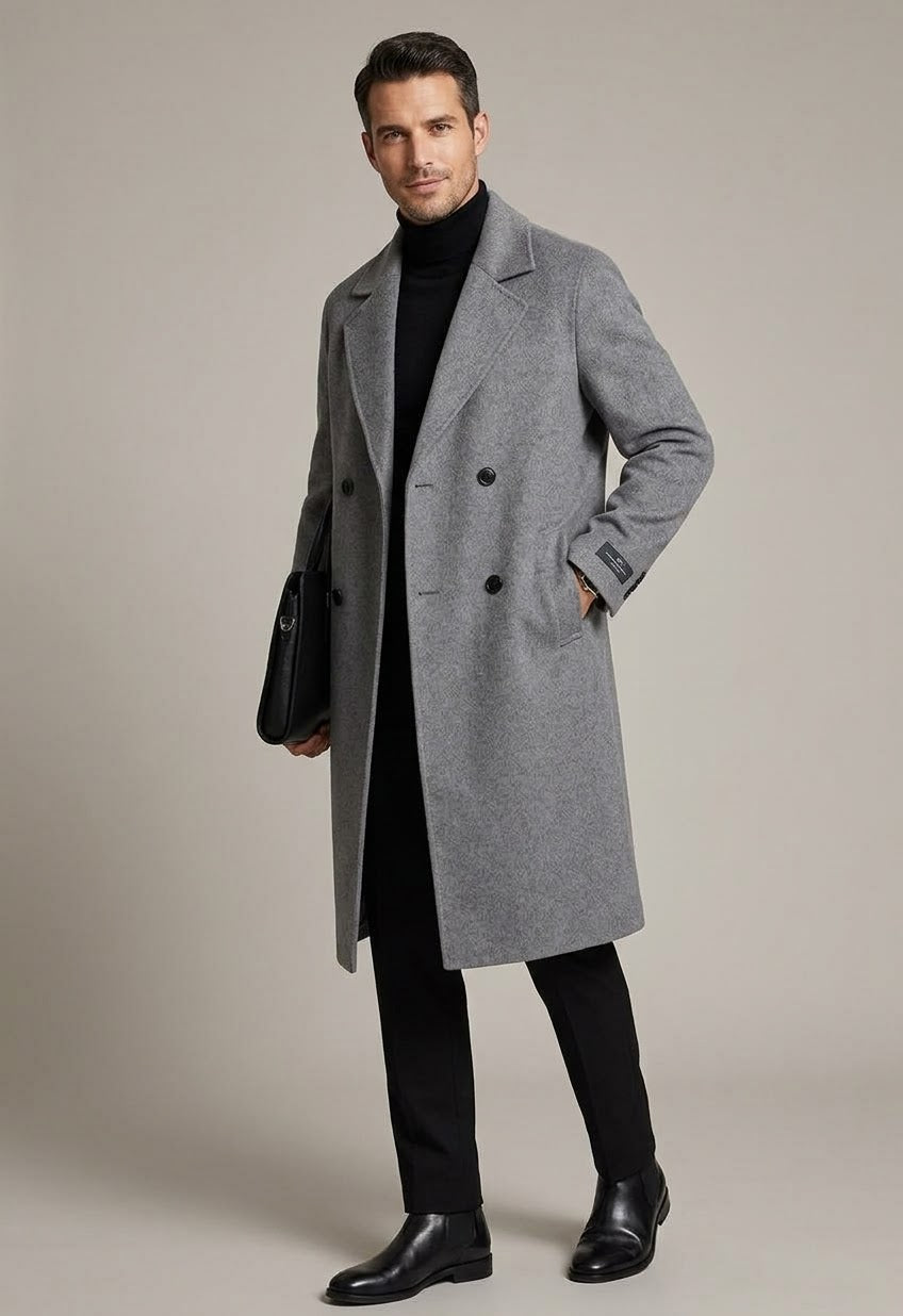 Men's 100% Cashmere Coat]Long Double Sided Overcoat]Classic Double Breasted Winter Trench Jacket]Formal Luxury Outerwear