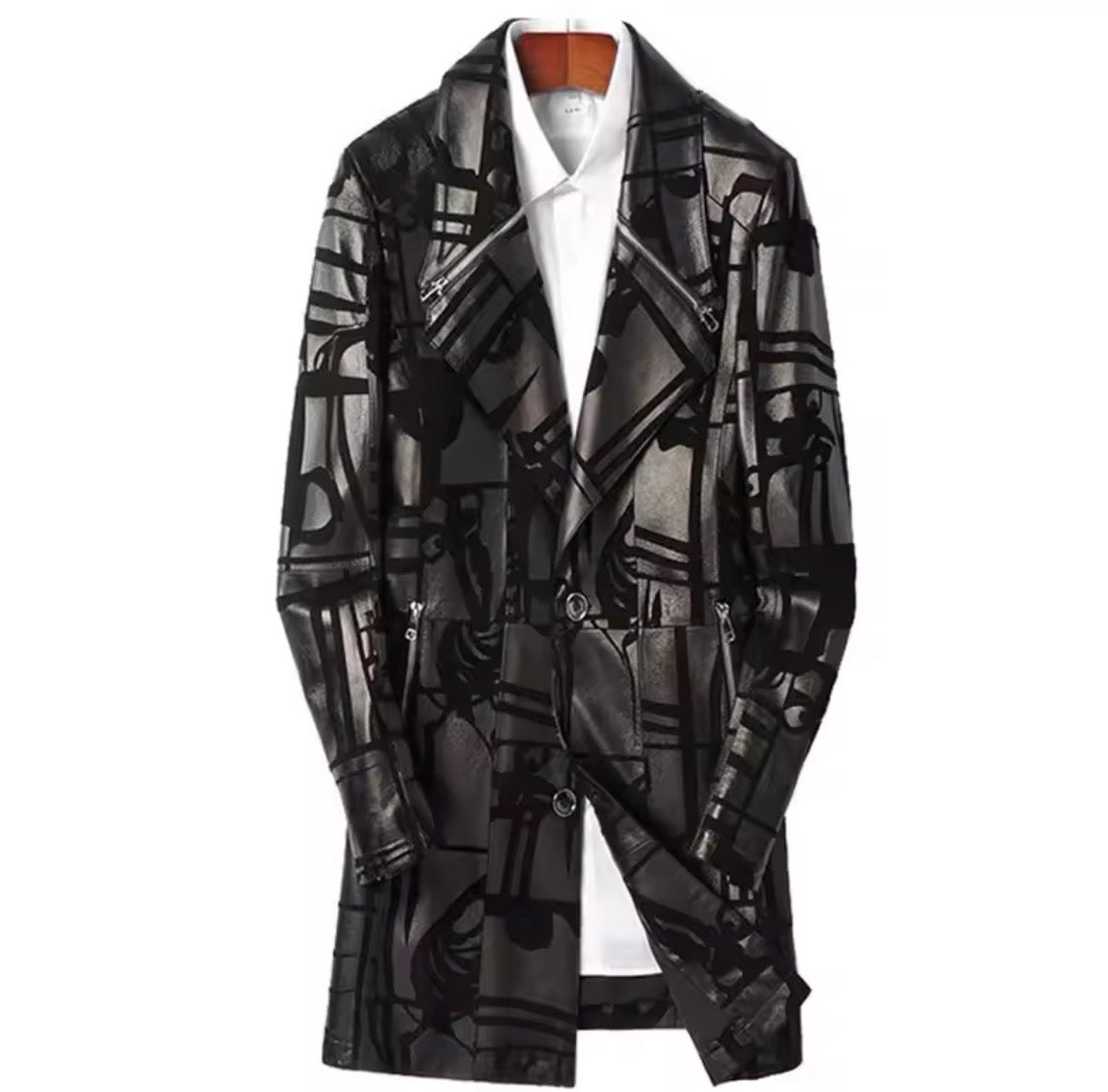 Men’s Genuine Sheepskin Leather Trench Coat – Black Graphic Print Real Leather Long Jacket