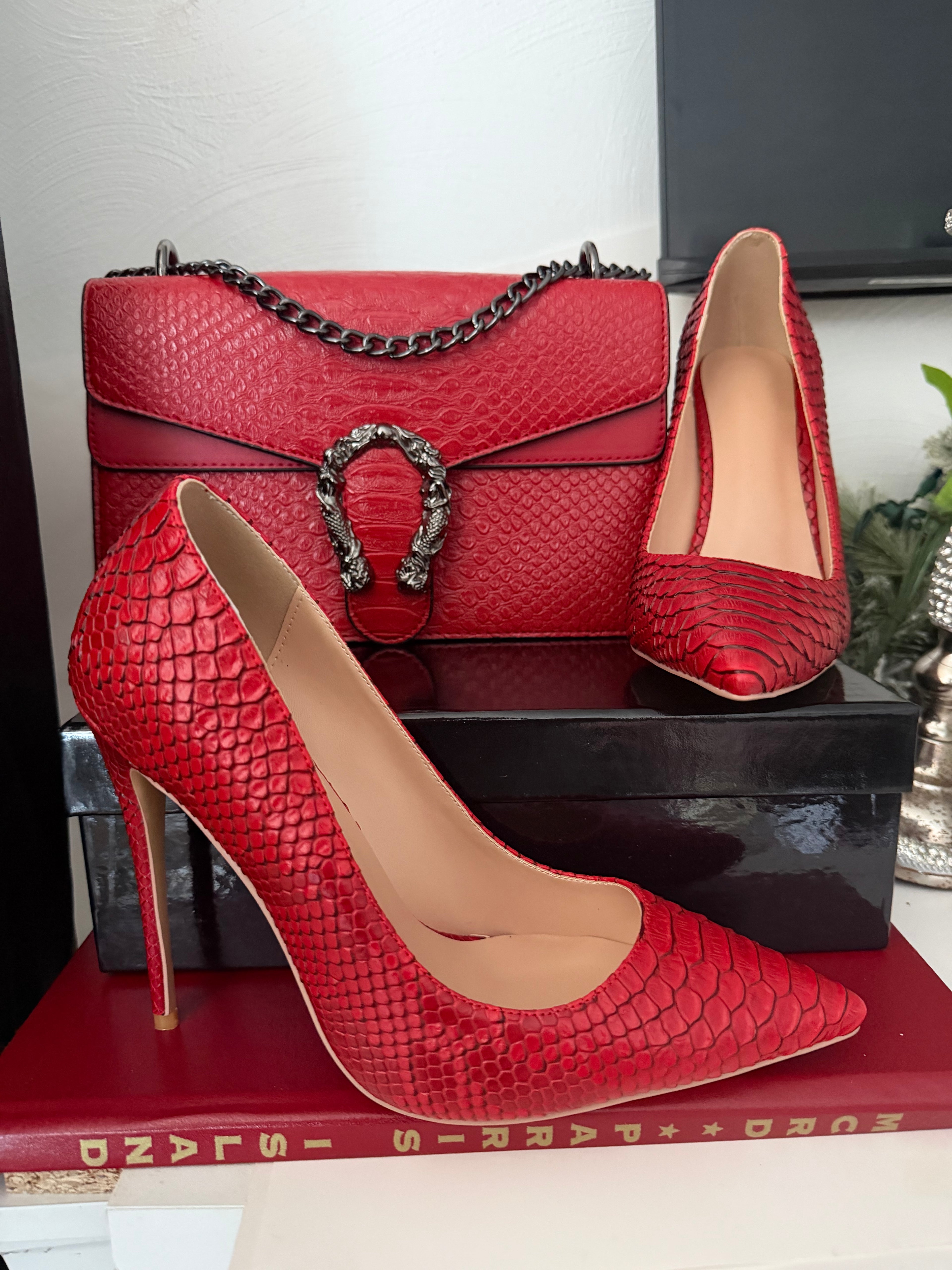 Red Snakeskin Heels and Purse Set | Cobra Print Stiletto Pumps and Dionysus Style Crossbody Bag | Red Crocodile Clutch with Gold Chain | Snakeskin Gift Set for Her