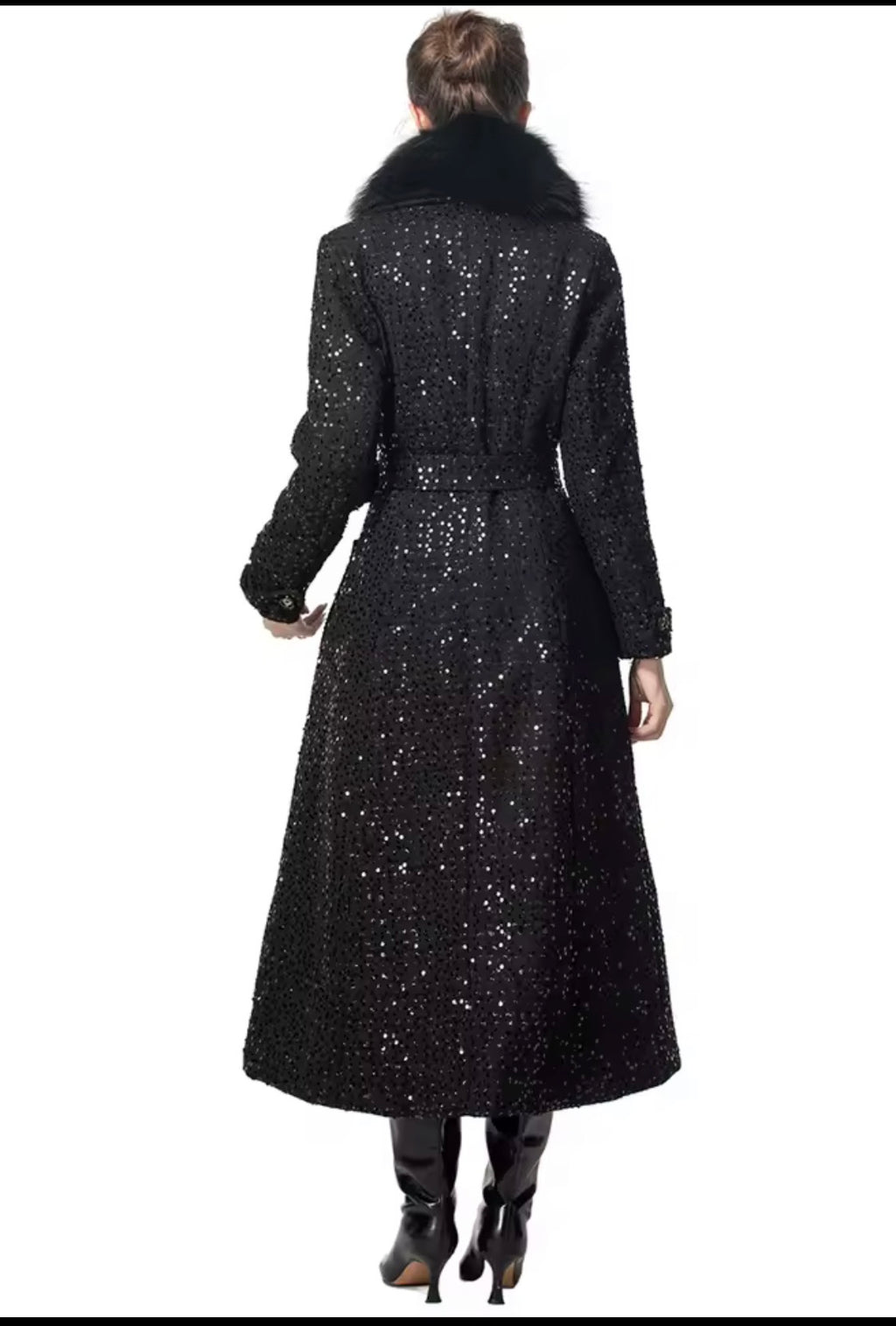 Elegant Sparkly Tweed Long Sequin Trench Belted Evening Overcoat with fur collar