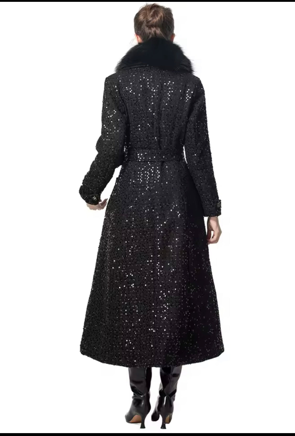 Elegant Sparkly Tweed Long Sequin Trench Belted Evening Overcoat with fur collar