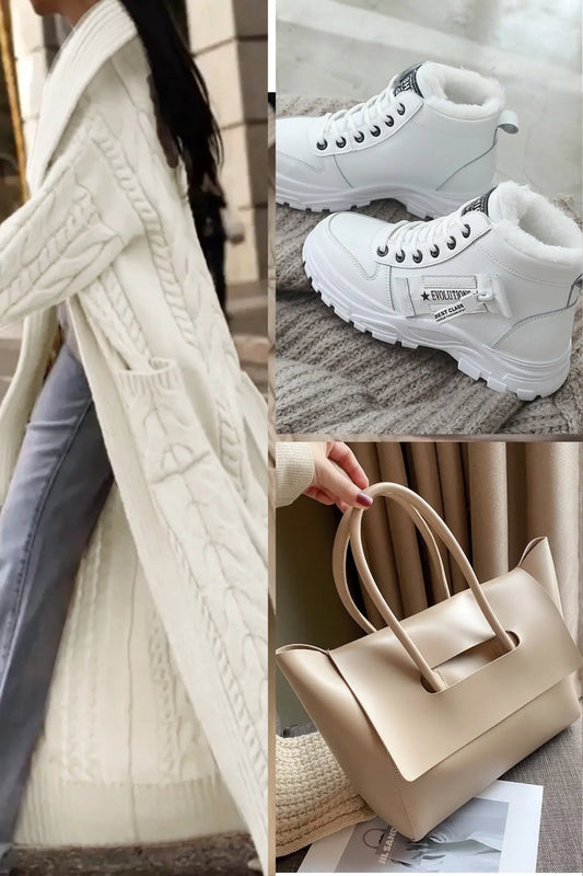 Fall Ready (white)long thick cardigan , boots and handbag set - JNi3 shop