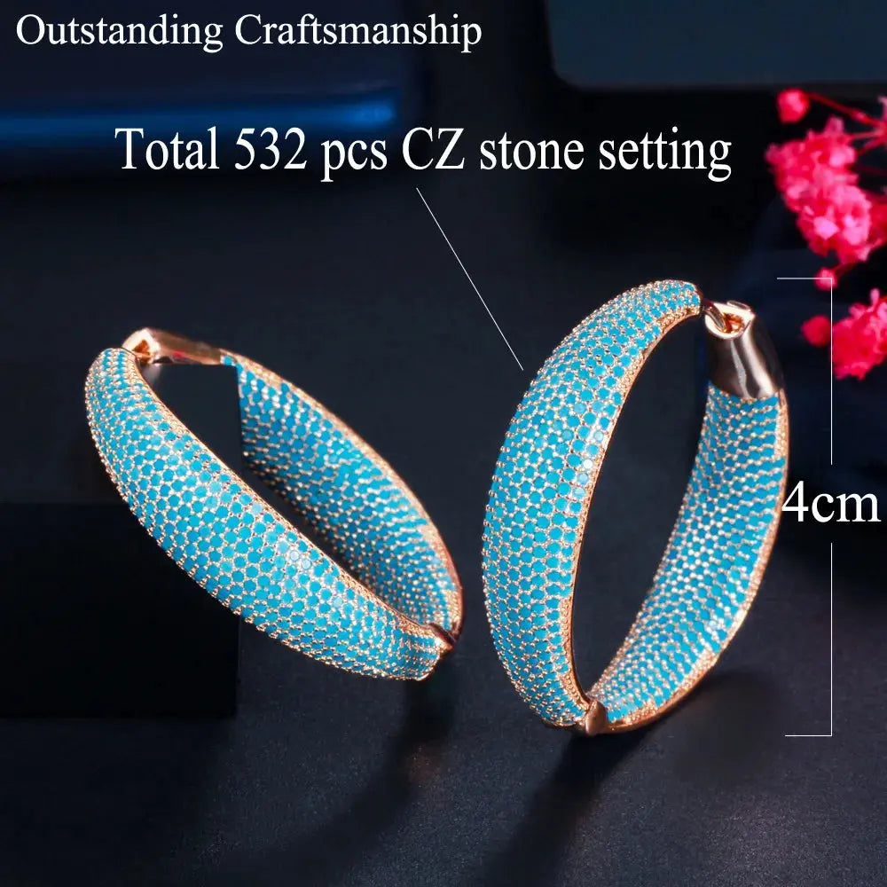 Luxury Turkish Light Blue Cubic Zirconia Large Loop Hoop Earring for Women Fashion Statement Light Gold Plated Jewelry JNi3 shop
