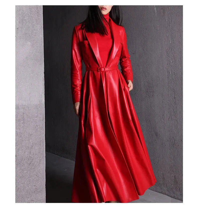 Nerazzurri High Quality Red Black Maxi Pu Leather Trench Coat for Women Extra Long Skirted Elegant Overcoat Fashion 5xl 6xl 7xl JNi3 shop
