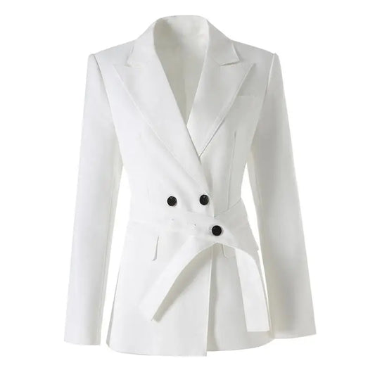 Lady Office Casual Wear Notched Long Sleeve Solid Double-breasted Slim Blazer With Belt for Women