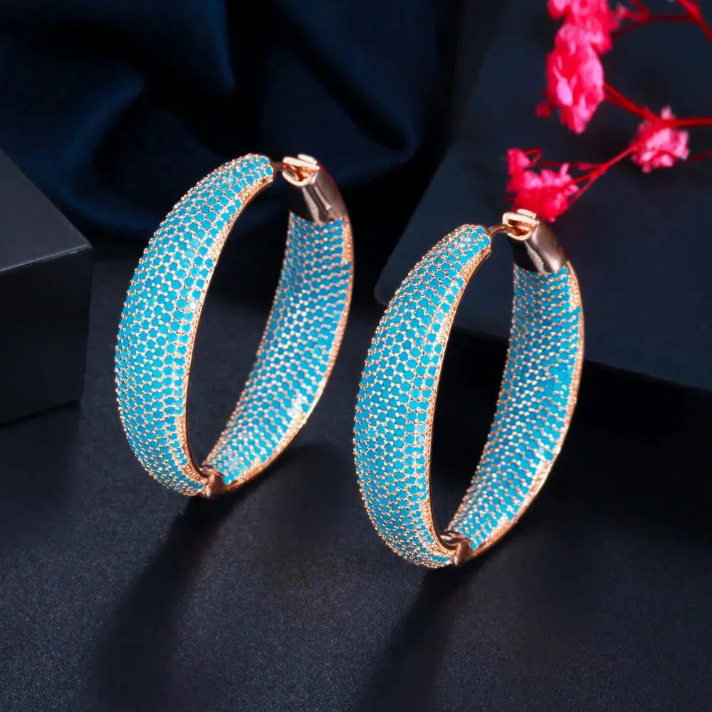 Luxury Turkish Light Blue Cubic Zirconia Large Loop Hoop Earring for Women Fashion Statement Light Gold Plated Jewelry JNi3 shop