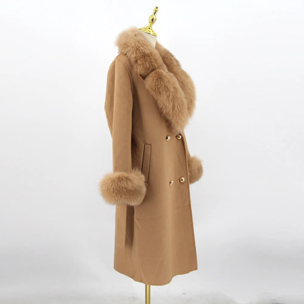 QIUCHEN- QC22018 2022 Autumn Winter Luxury Women's Cashmere Long Trench Coat With Real Fox Fur Collar Wool Coat