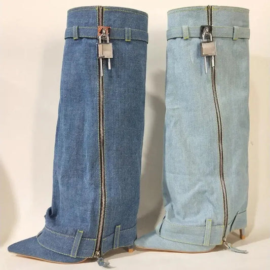Stiletto Heel Botas Alto Pointed Toe Cut Pants Jeans Zipper Shark Lock Denim Boots for Woman JNi3 shop