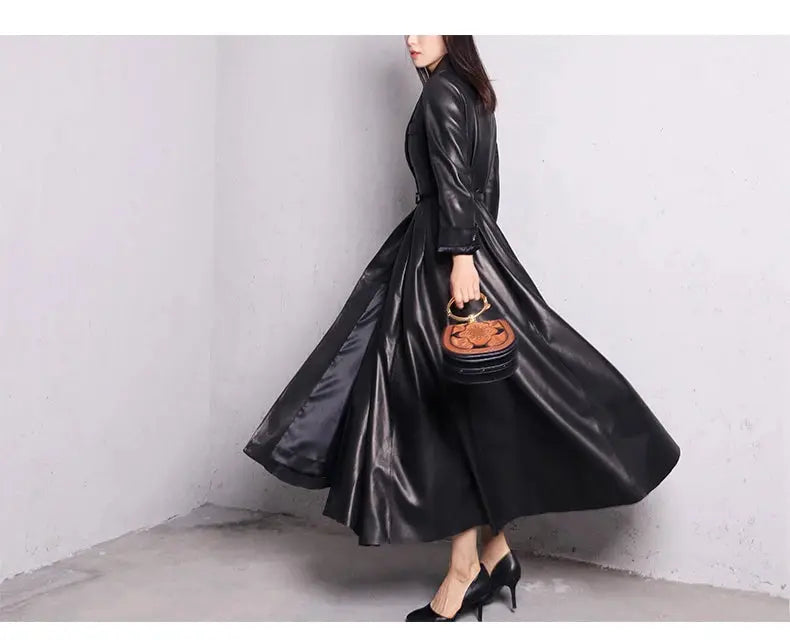 Nerazzurri High Quality Red Black Maxi Pu Leather Trench Coat for Women Extra Long Skirted Elegant Overcoat Fashion 5xl 6xl 7xl JNi3 shop