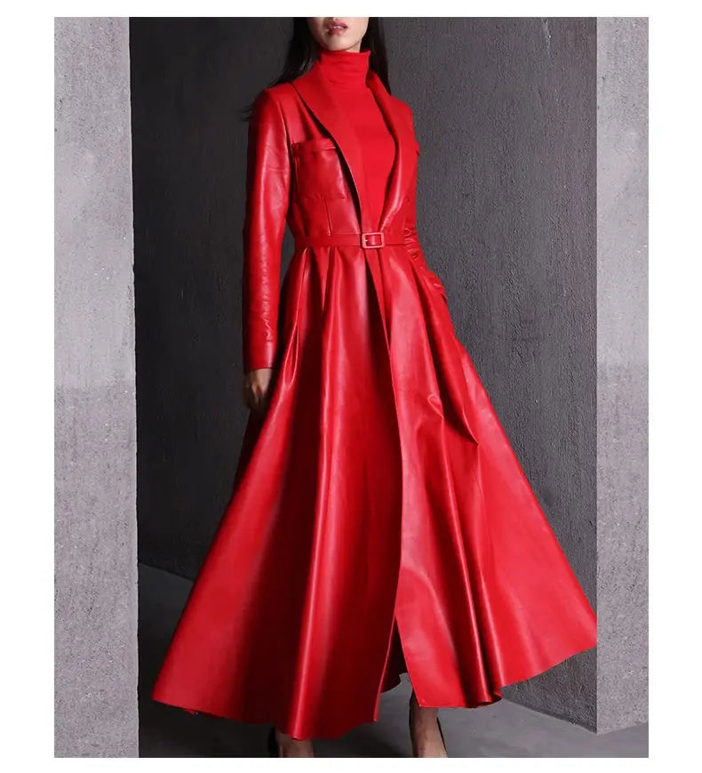 Nerazzurri High Quality Red Black Maxi Pu Leather Trench Coat for Women Extra Long Skirted Elegant Overcoat Fashion 5xl 6xl 7xl JNi3 shop