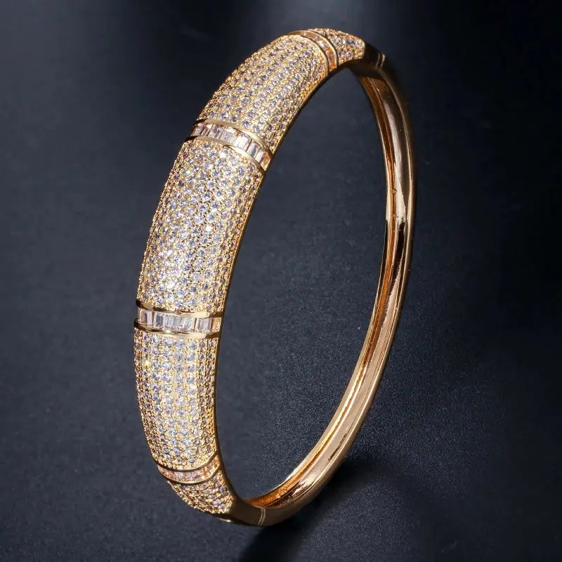 Luxury Yellow Gold Armband Wedding Bracelet Hundreds of Sparkling White Cubic Zircon Open Cuff Bangle for Women JNi3 shop