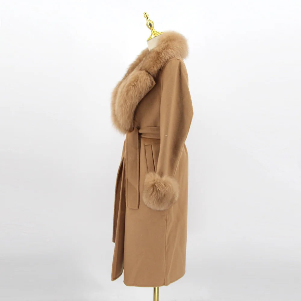 QIUCHEN- QC22018 2022 Autumn Winter Luxury Women's Cashmere Long Trench Coat With Real Fox Fur Collar Wool Coat