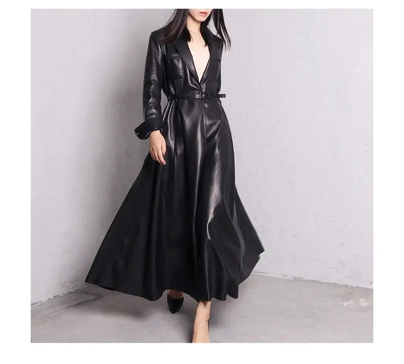 Nerazzurri High Quality Red Black Maxi Pu Leather Trench Coat for Women Extra Long Skirted Elegant Overcoat Fashion 5xl 6xl 7xl JNi3 shop