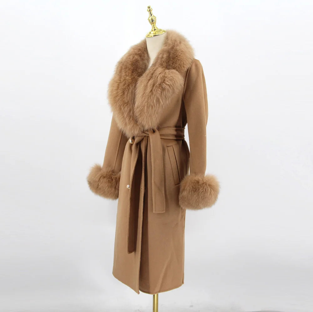 QIUCHEN- QC22018 2022 Autumn Winter Luxury Women's Cashmere Long Trench Coat With Real Fox Fur Collar Wool Coat