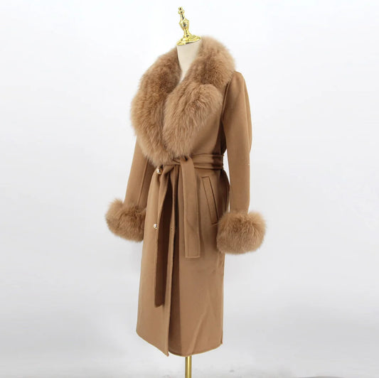 QIUCHEN- QC22018 2022 Autumn Winter Luxury Women's Cashmere Long Trench Coat With Real Fox Fur Collar Wool Coat