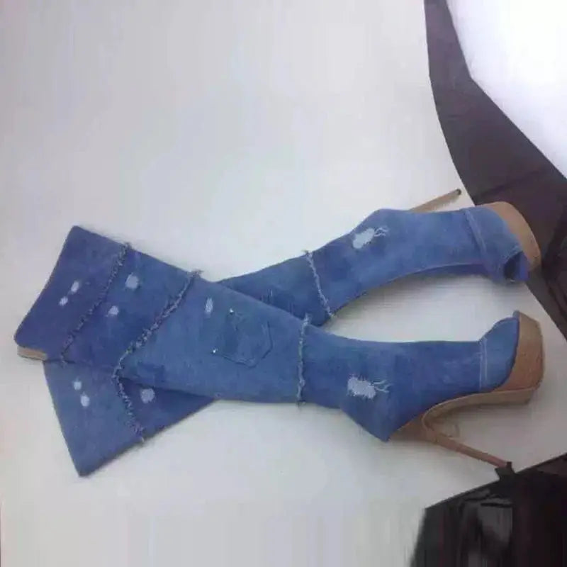 Fashion Zipper Wedge Stiletto Platform Over the Knee Girls Boots Stretchable Denim Peep Toe Pointy Toe Long Boots JNi3 shop