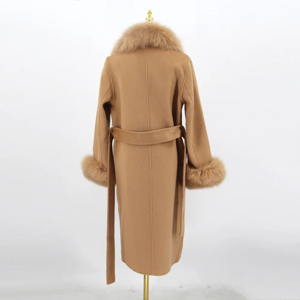 QIUCHEN- QC22018 2022 Autumn Winter Luxury Women's Cashmere Long Trench Coat With Real Fox Fur Collar Wool Coat